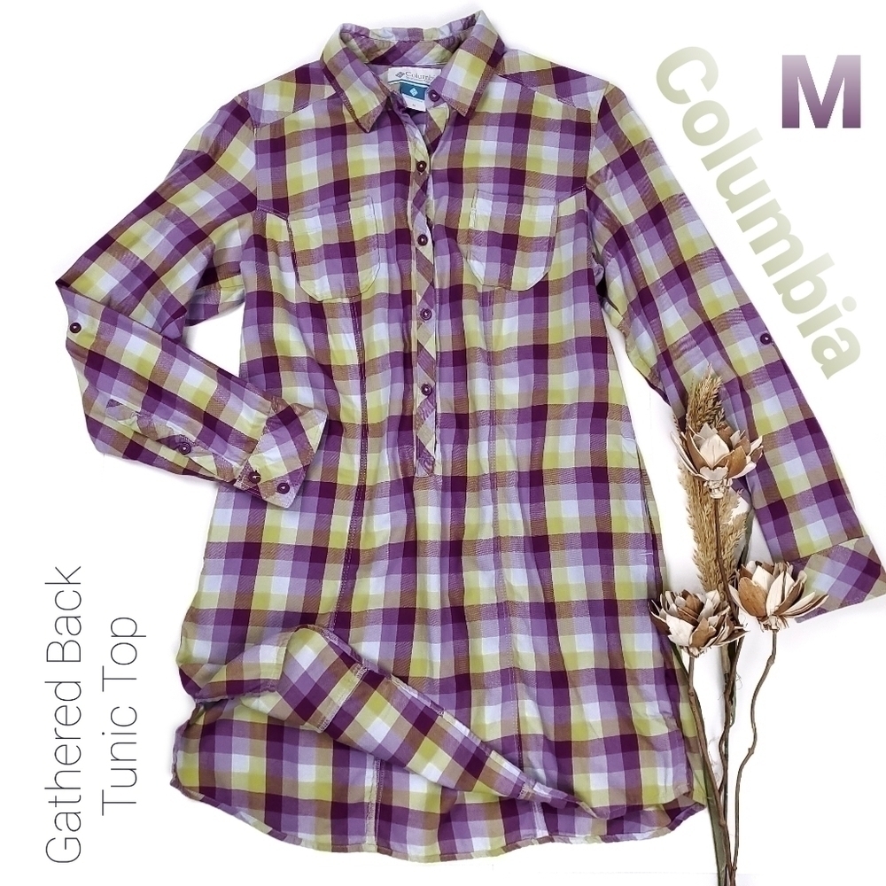 Columbia Purple Lime Gathered Back Tunic Top M